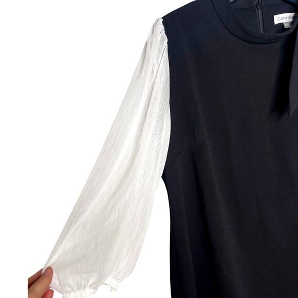 Calvin Klein 14 Illusion $99 Bow Tie Neck Sheer Long Sleeve Dress Black White - Picture 4 of 9